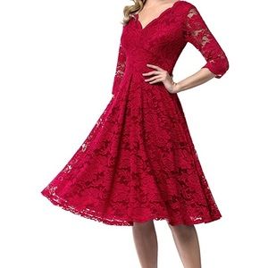 Vintage Floral Lace 3/4 Sleeve Formal Midi Dress